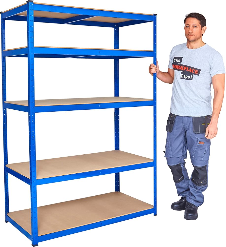 The Workplace Depot Garage Storage Shelving, Heavy-Duty Steel Frame, 5 Adjustable MDF Shelves, 285kg Capacity Per Level, Boltless Assembly, 1800 x 1200 x 600mm