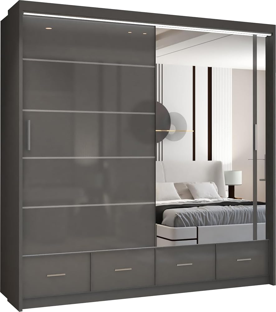 MN Furniture Sycylia High Gloss Sliding Door Wardrobe with Mirror & LED Light