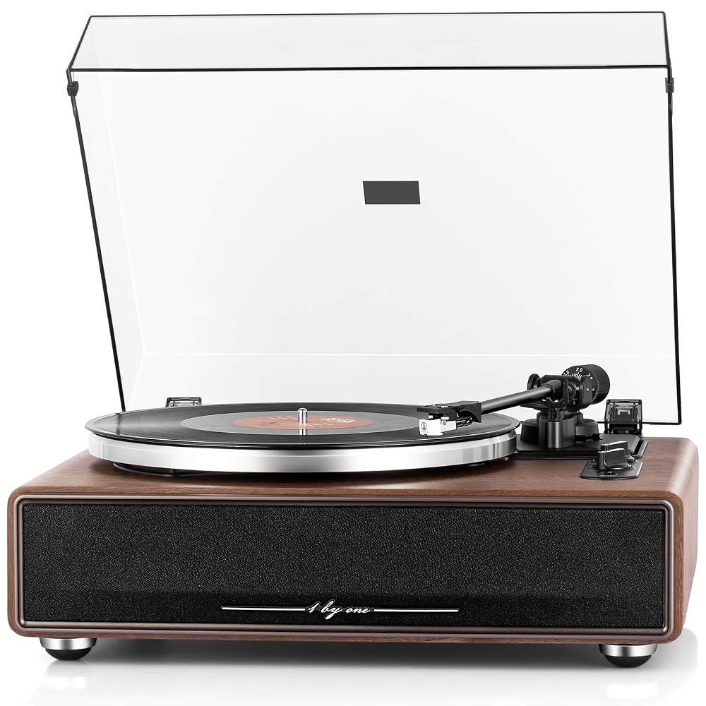 1 BY ONE High Fidelity Belt Drive Bluetooth Turntable with Built-in Speakers, Vinyl Record Player with Magnetic Cartridge, Wireless Playback and Aux-in