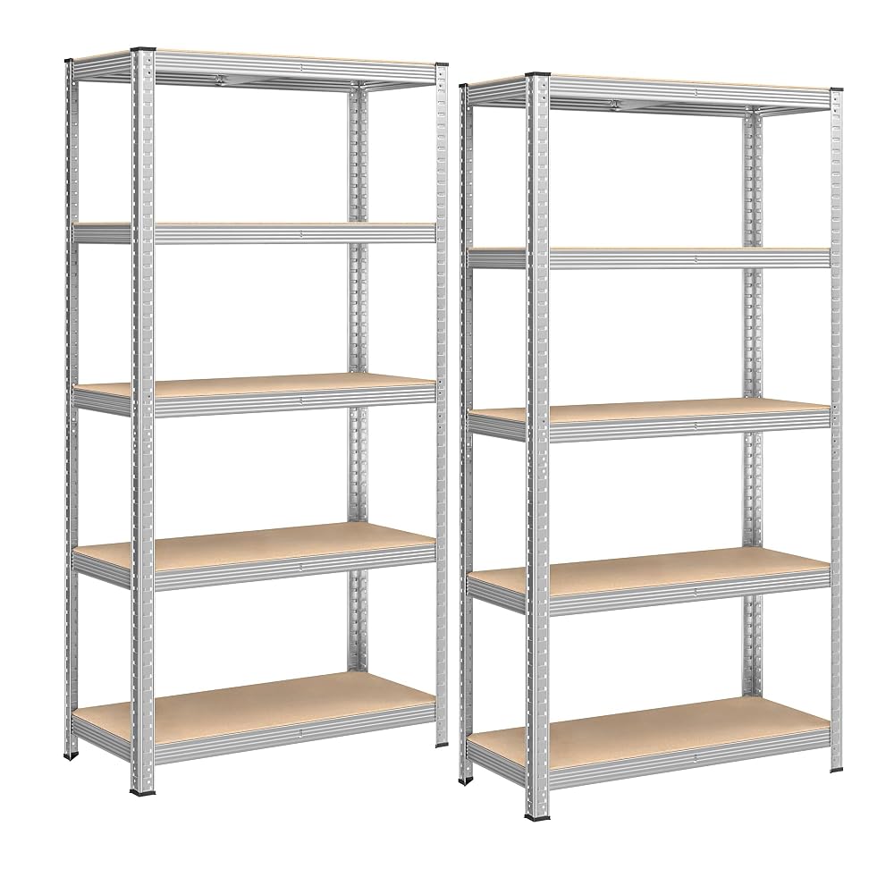 SONGMICS 5-Tier Heavy-Duty Shelving Units, Set of 2 Steel Shelving Units for Storage, Boltless Assembly, Load Capacity 875 kg, Silver