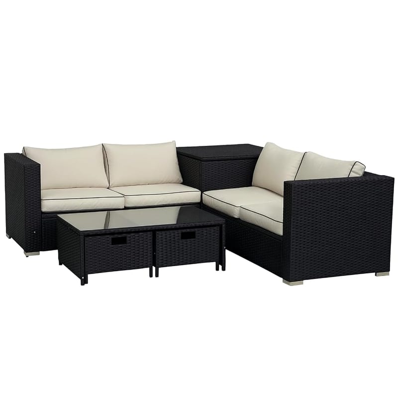 Outsunny 4 Pieces Rattan Garden Furniture Set, 4 Seater Corner Sofa Set with Storage Box, 2 Drawers Coffee Table, Cushions, Black