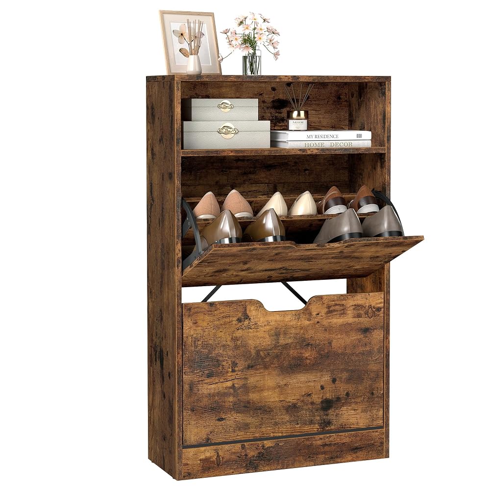 VASAGLE Shoe Cabinet 2 Flip Doors, 3 Tier Shoe Rack, Adjustable and Removable Divider, for 8-12 Pairs Shoes, Rustic Brown