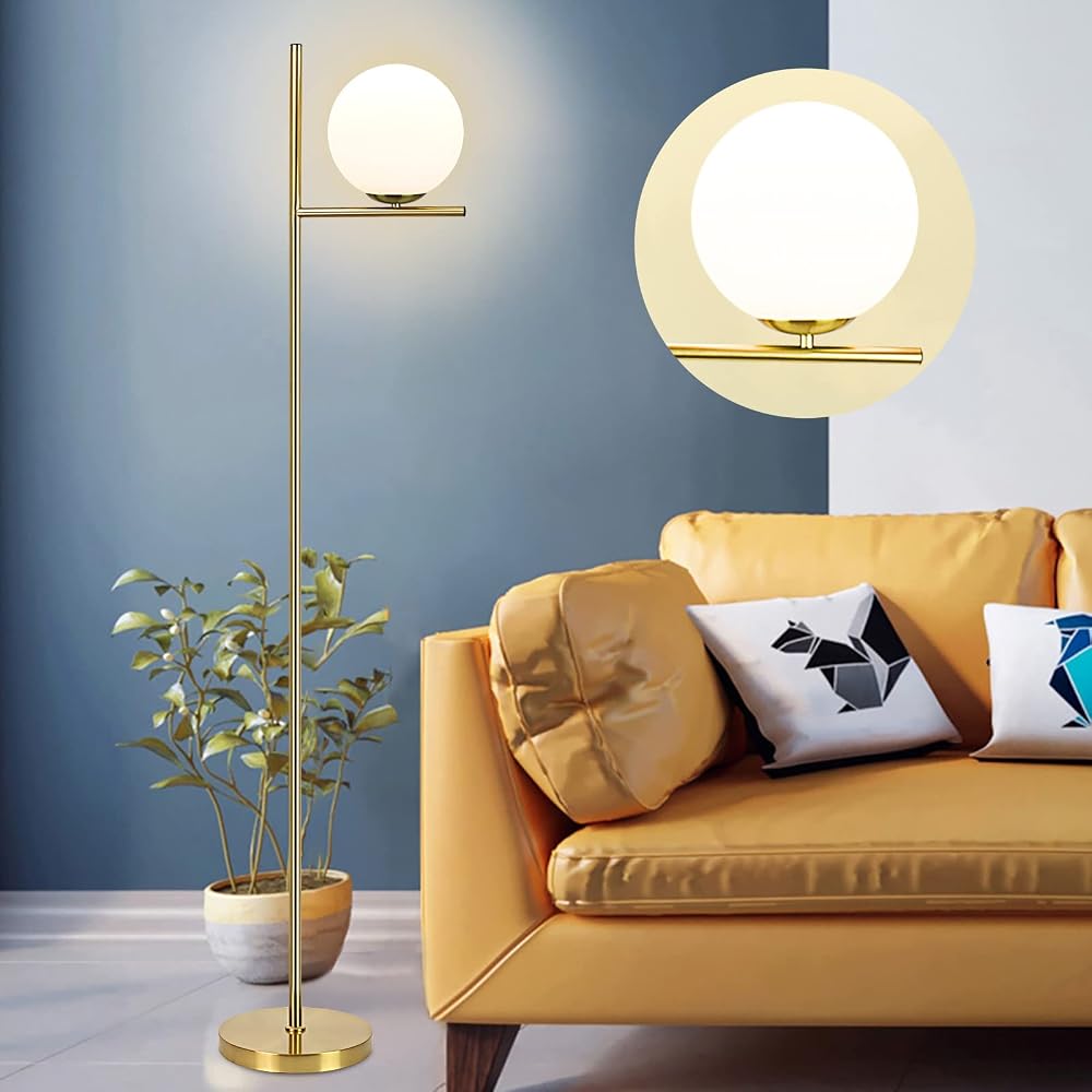 Depuley Gold LED Floor Lamp with Frosted Glass Globe, 3000K Warm White, Tall Pole Standing Light (Bulb Included)