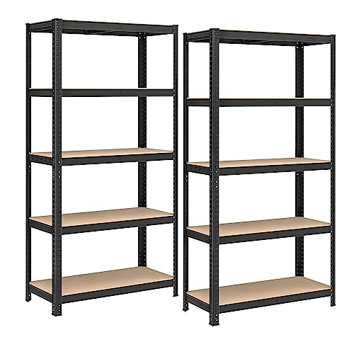 SONGMICS GLR040B02 Set of 2 Heavy Duty Shelving Units, Steel Shelving Unit, 5 Shelves, Screwless for Garage, Warehouse, Utility Room, Load Capacity 875 kg, 40 x 90 x 180 cm, Black