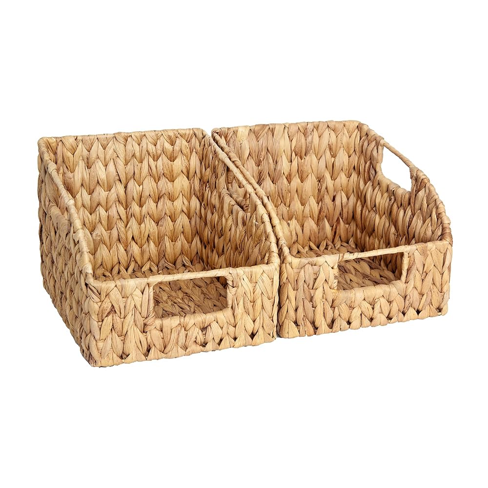 StorageWorks Pantry Baskets for Organising, Water Hyacinth Basket with Built-In Handles, Handwoven Wicker Storage Baskets, 2 Pack