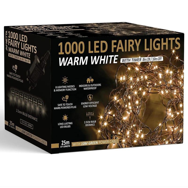 NETTA Christmas Tree Lights 1000 LED 25m Warm White, Fairy String Lights Plug In with Timer and Memory Function, Indoor/Outdoor