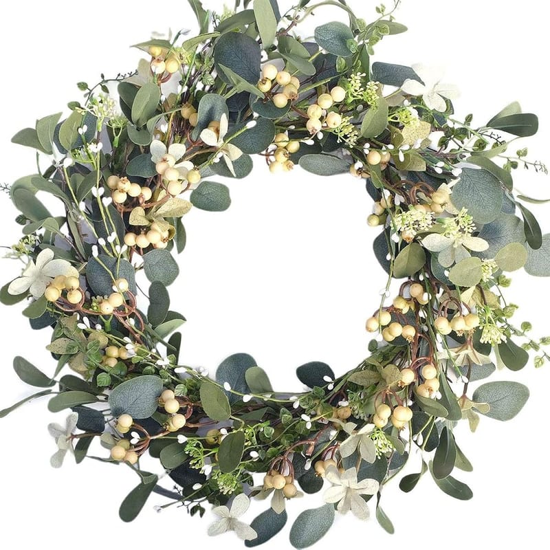 Bibelot Artificial Green Leaf Eucalyptus Wreath, Berry Wreath for Spring Summer Front Door Window Hanging Wall Decorations, 20 Inch