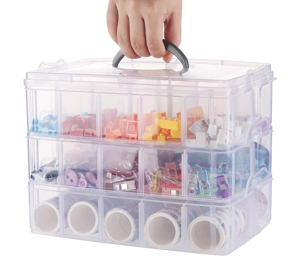 Anstore Craft Storage Box with Removable Compartments, 3-Tier 30 Sections Transparent Stackable Organiser with Lid
