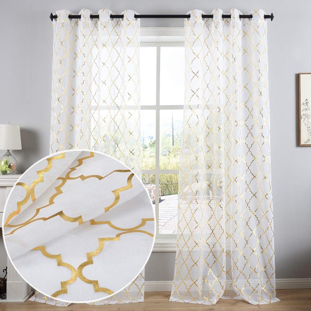 Kotile Moroccan Curtains with Eyelets, Voile Sheer Foil Print, 2 Panels, 52 x 63 Inches, White Sheer - Gold Moroccan