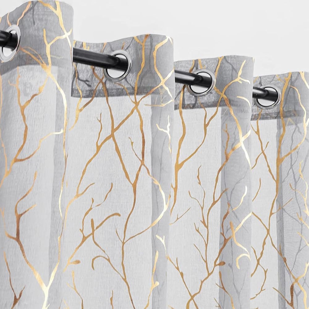 Kotile Tree Branch Sheer Curtains, Metallic Gold Foil Tree Branch Print, Grommet Top Light Filtering Voile Drapes, 52 x 63 Inch, 2 Panels, Grey Gold