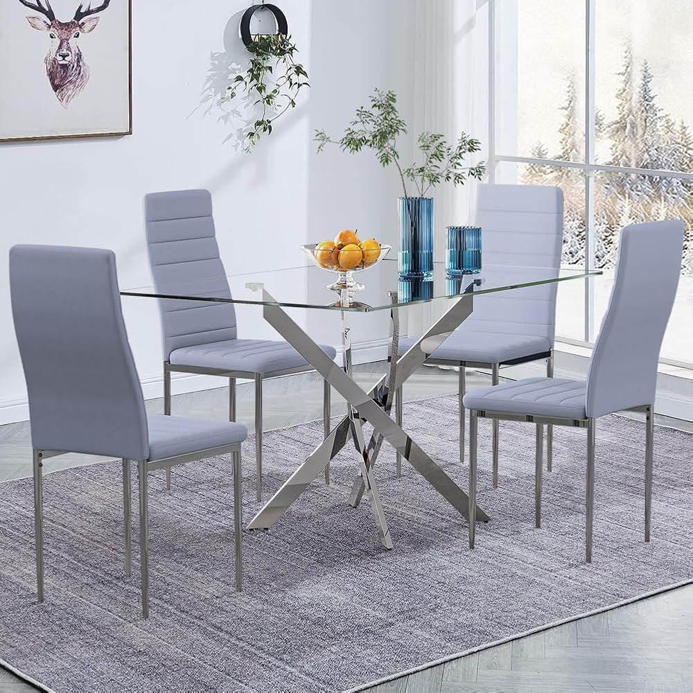 GOLDFAN Glass Dining Table and 4 PU Leather Chairs, Grey