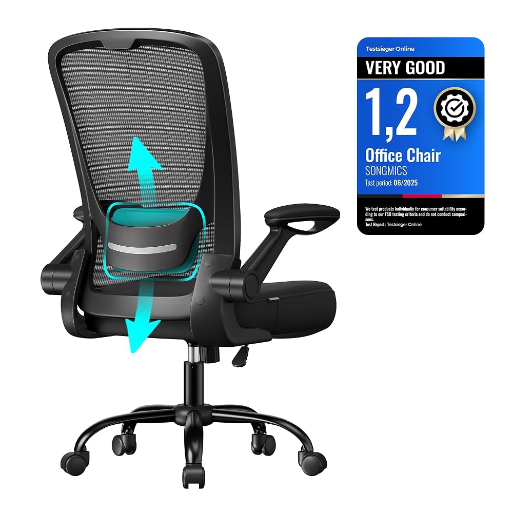 SONGMICS Office Chair, Desk Chair with Mesh Back, Ergonomic Computer Chair, with Adjustable Lumbar Support Cushion, Rocking Function, Flip-Up Armrests, Black