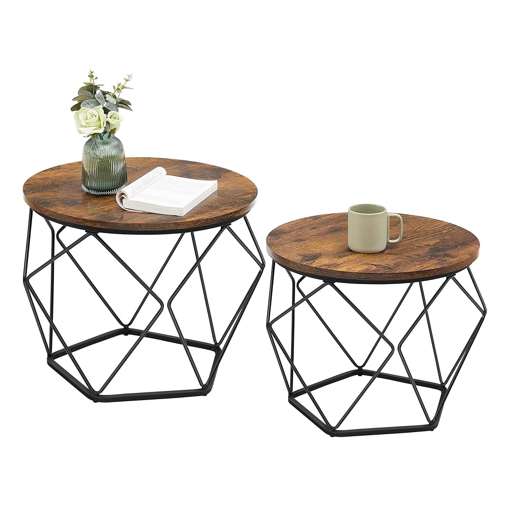 VASAGLE Coffee Tables, Set of 2 Side Tables with Robust Steel Frame, Rustic Brown and Black