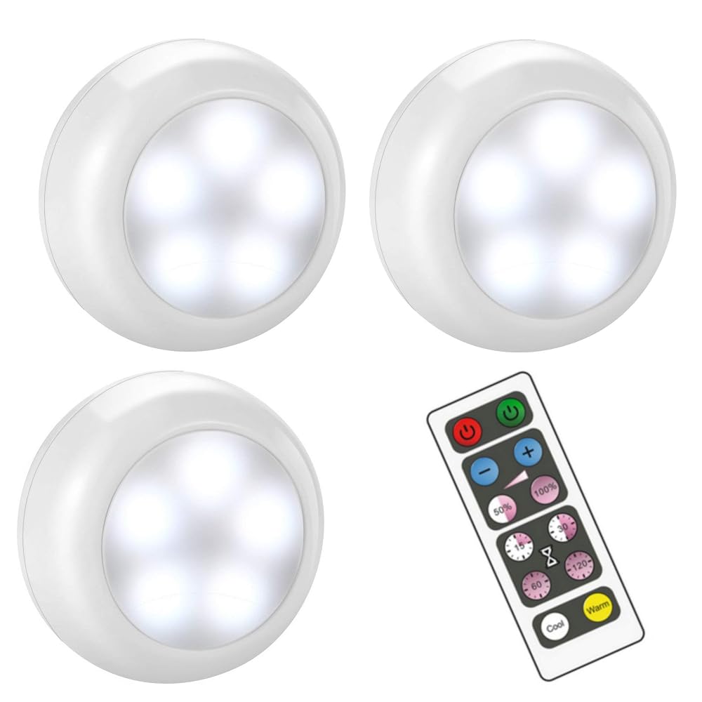 BLS LED Puck Lights, Wireless Dimmable with Remote Control, Battery Operated, Under Cabinet & Cupboard Lights (3 Pack)