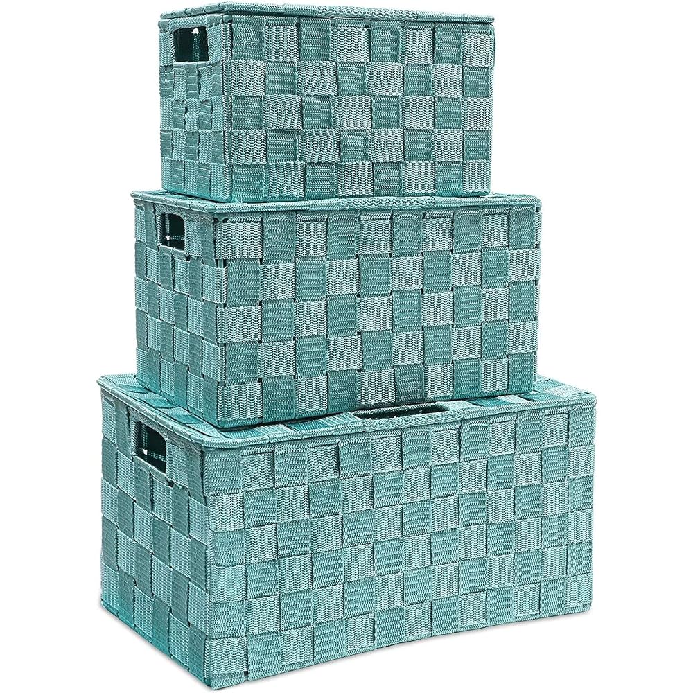 3-Piece Set of Nesting Woven Storage Baskets with Hinged Lids, Turquoise