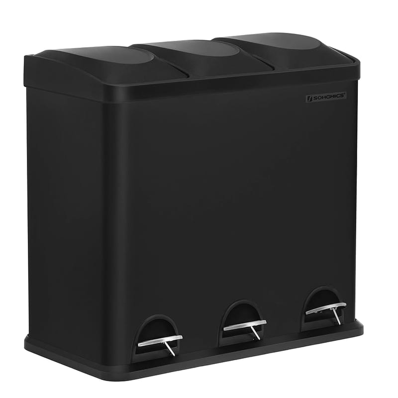 SONGMICS Kitchen Waste Bin, 318 Litres, Pedal Bin with 3 Compartments, Inner Buckets and 6 Stickers for Waste Separation, Black LTB54B