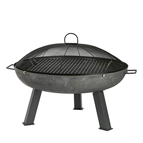 Harbour Housewares Cast Iron Fire Pit Dome and Grill Outdoor Garden Patio Heater Barbecue Bonfire Burning Wood Charcoal Camping BBQ - Grey