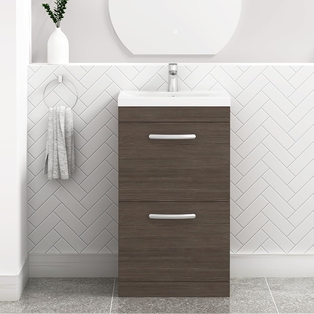 Royal Bathrooms Turin Grey Elm Floor Standing 2 Drawers Vanity Cabinet Unit and Basin, 500mm
