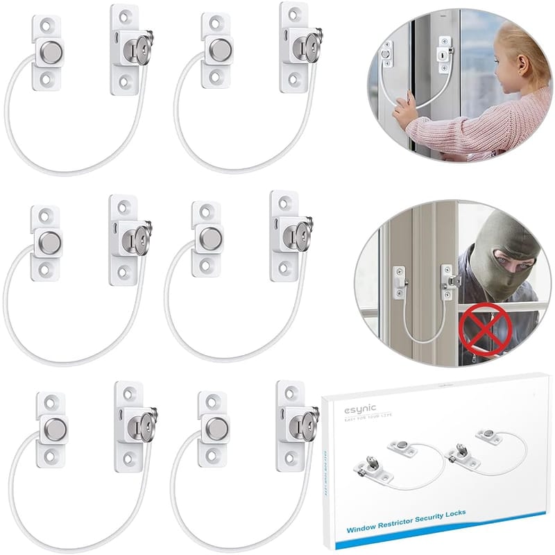 eSynic 6 Pack Durable Window Locks Child Safety 185mm/7.3 Inch Wire Long Window Restrictor for UPVC Window Safety Restrictors with Key
