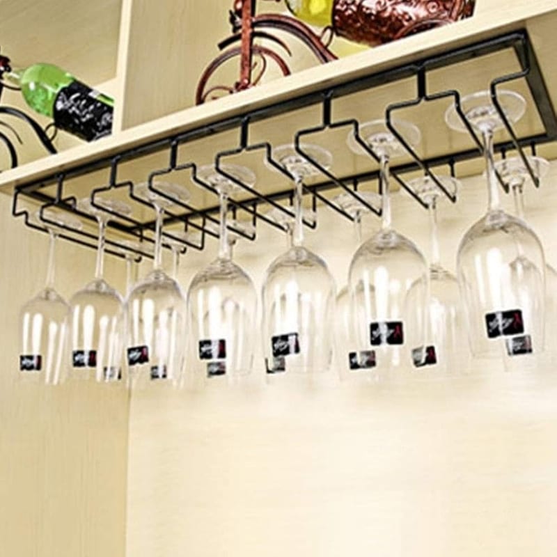 Warmiehomy Hanging Wine Glass Rack, Under Cabinet Stemware Rack for Bars Kitchen, Metal Black (70x22.5, 7 Slots)