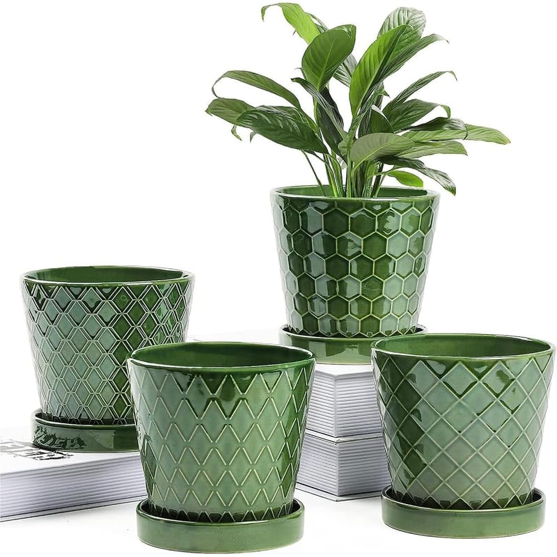 BUYMAX Plant Pots Indoor, 5 Inch Ceramic Flower Pots with Drainage Hole, Set of 4