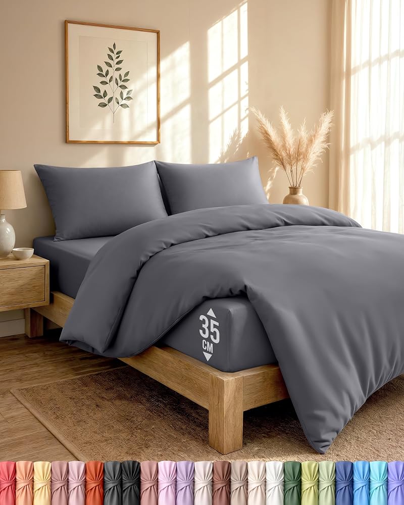 Utopia Bedding 4 Piece Double Bedding Set (Grey), Duvet Cover, Fitted Sheet with 2 Pillowcases, OekoTex Certified Soft Brushed Microfiber