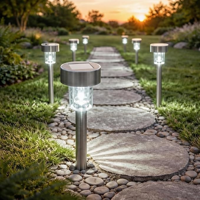GloBrite Pack of 10 Solar Lights Outdoor Garden, Waterproof Stainless Steel LED Lights with Stake