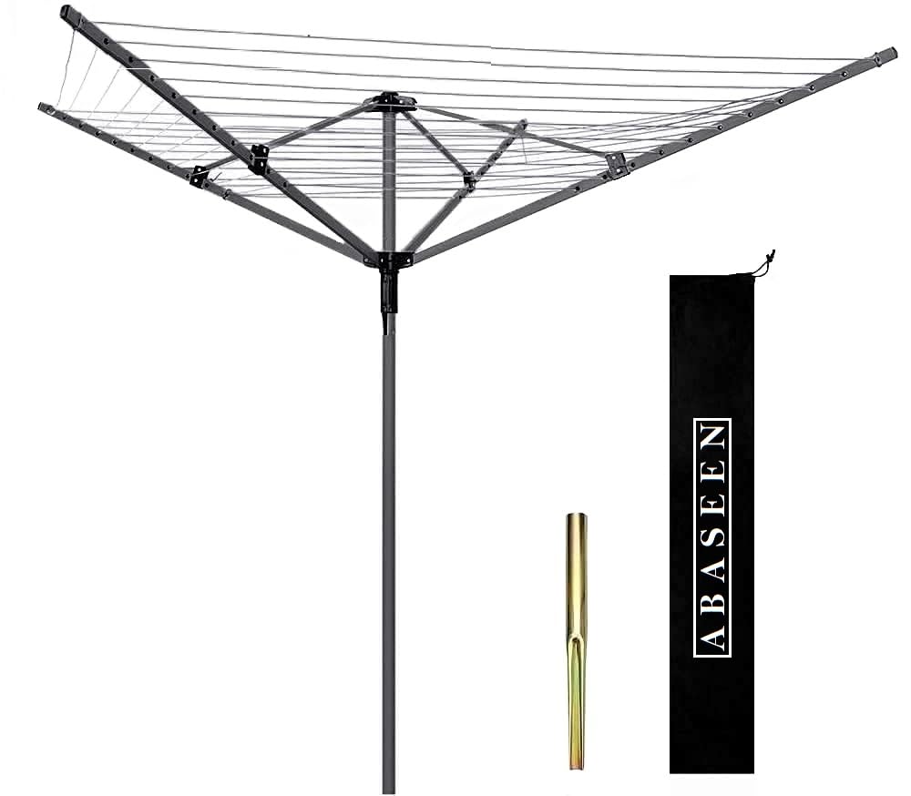 Abaseen 50M Clothes Airer Rotary Washing Line Outdoor Indoor, 4 Arm Rotary Line, Folding Garden Washing Lines, Cover & Ground Spike for Rotary Washing Line
