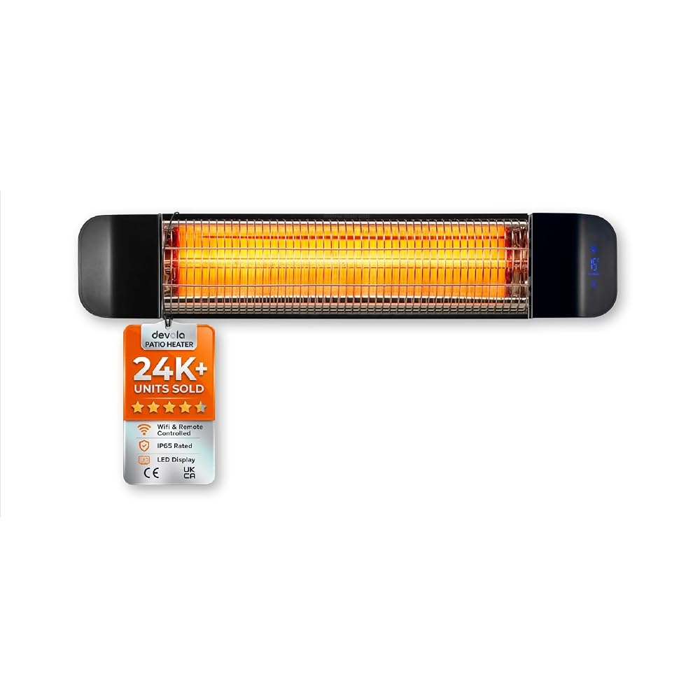 Devola Electric Infrared Patio Heater Wall Mounted 2000W, IP65 Waterproof with WiFi and Remote Control