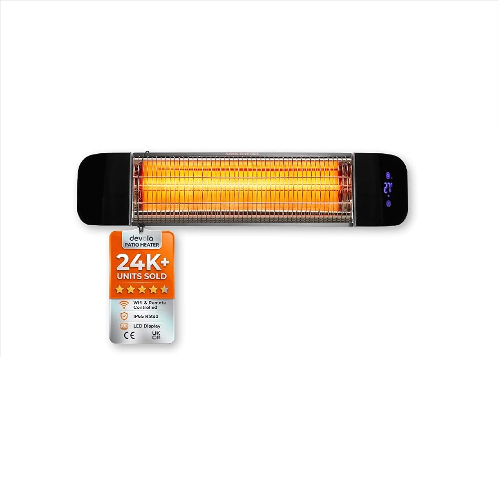 Devola Electric Infrared Patio Heater Wall Mounted 1200W, WiFi Enabled with LED Display