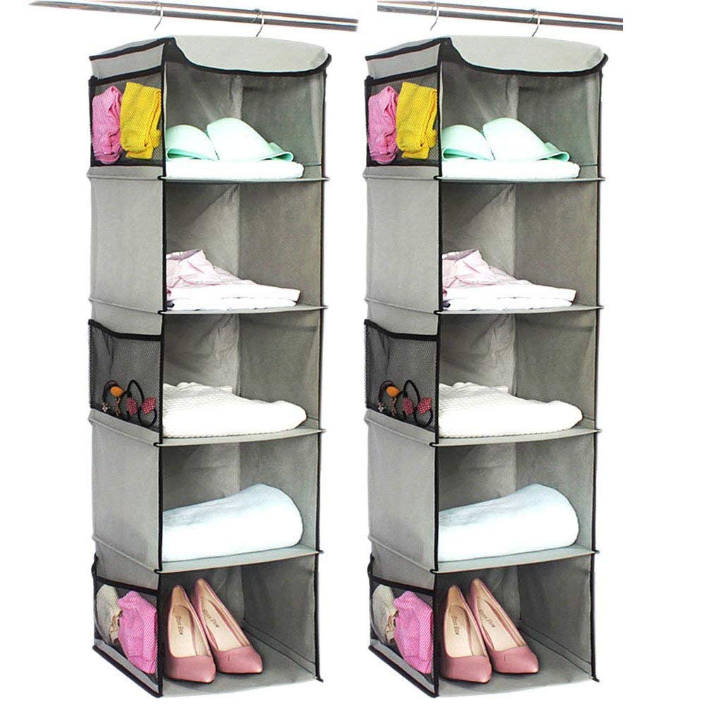 BrilliantJo Hanging Storage with 5 Shelves, Set of 2, Wardrobe Closet Organiser with 6 Pockets, Grey