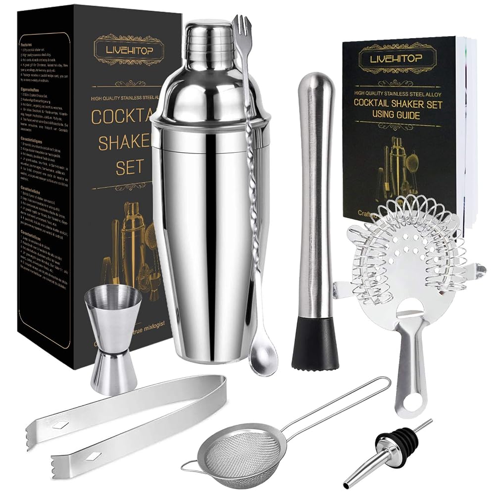 LIVEHITOP Cocktail Making Set, 9Pcs Stainless Steel Bartender Kit Professional Cocktail Shaker Set with 750ML Boston Shaker