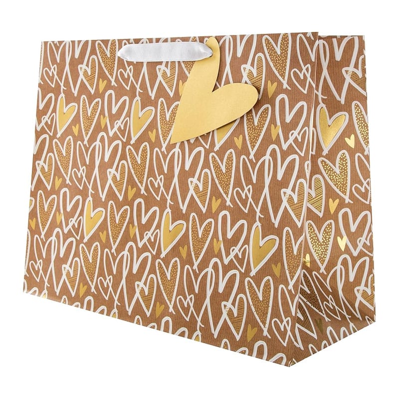 Hallmark Multi-Occasion Large Gift Bag, Kraft Hearts Design with Ribbon Handles and Matching Gift Tag