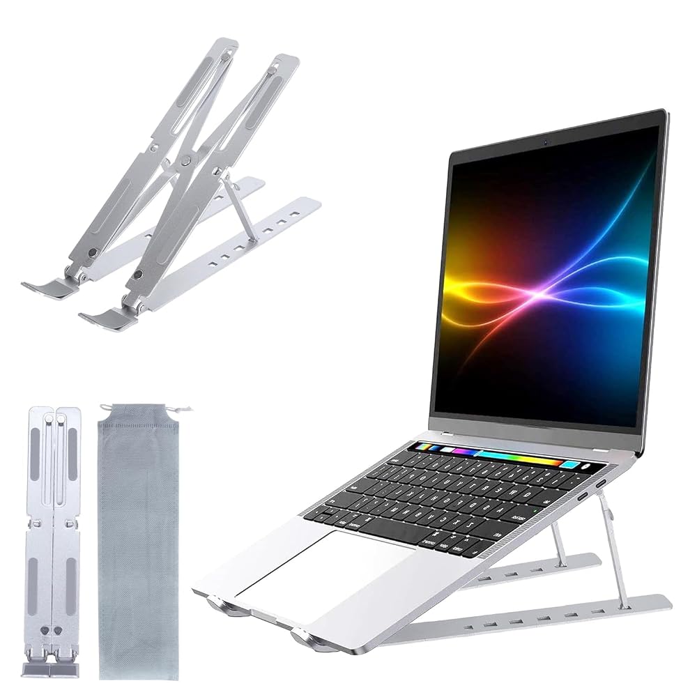 MONADIKOS Adjustable Laptop Stand, Portable Aluminium Laptop Riser for Desk, Foldable Ventilated Cooling Computer Support Stand for 10-15.6" Laptops, Silver