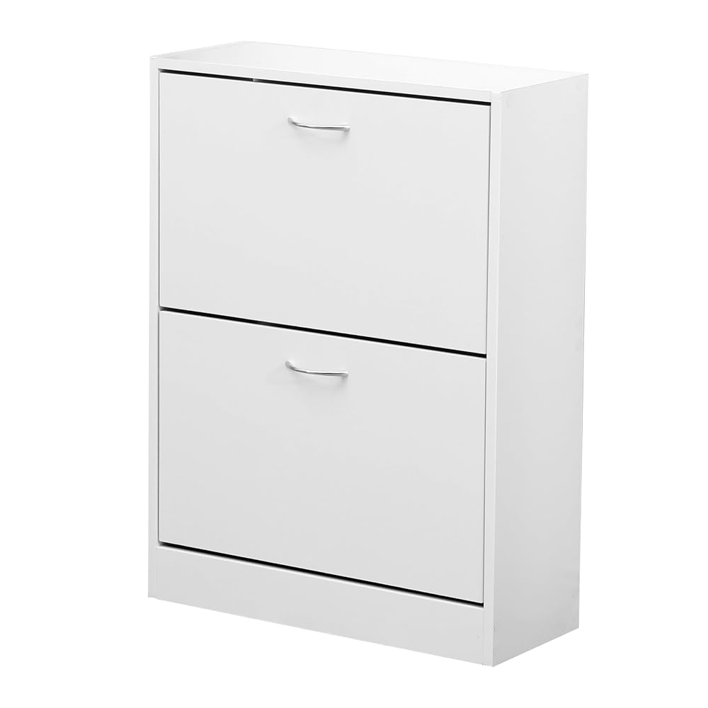 AVC Designs 2 Drawer Shoe Storage Cabinet, Wooden Freestanding Footwear Rack, White