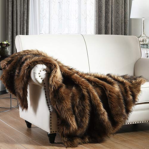 HORIMOTE HOME Luxury Plush Faux Fur Throw Blanket, Long Pile Brown with Black Tipped, Warm Fuzzy Sofa Throw, 125x150cm
