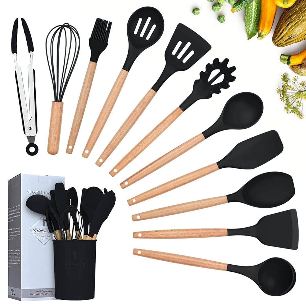 Lychee Kitchen Utensil Set Silicone Cooking Utensils - 12 Pieces Cooking Spatula Turner Heat Resistant Tools with Wooden Handle for Nonstick Non Scratch Cookware, Black