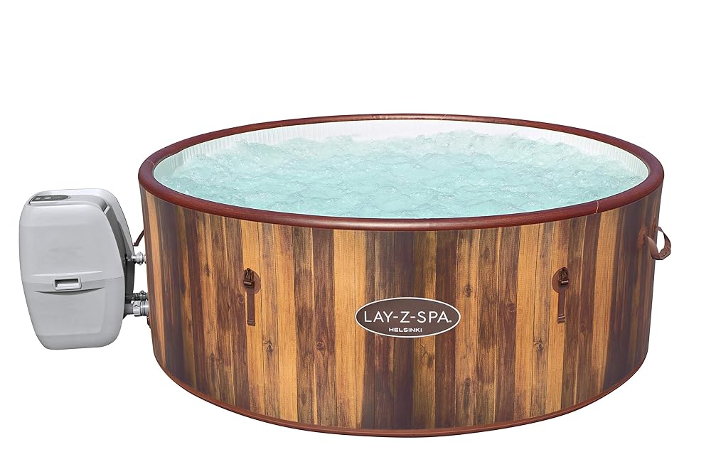 Lay-Z-Spa Helsinki Hot Tub, 180 AirJet Wood Effect Inflatable Spa with Freeze Shield Year Round Technology and Rapid Heating, 5-7 Person