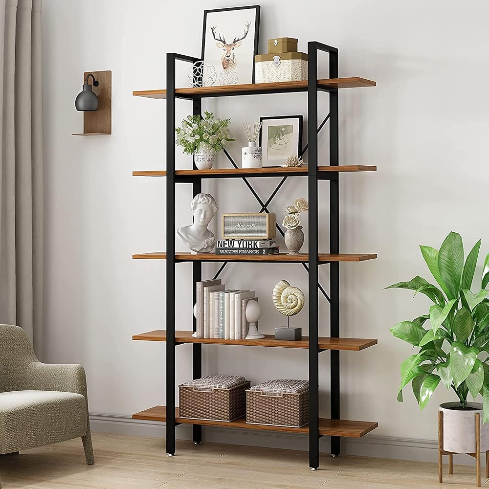 YOLEO Bookcase 5 Tiers, Standing Book Shelf with Steel Frame