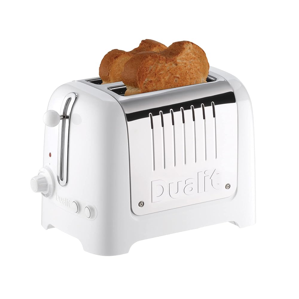 Dualit 2 Slice Lite Toaster, 1.1kW, Polished with High Gloss White Trim, Bagel & Defrost Settings (26203)