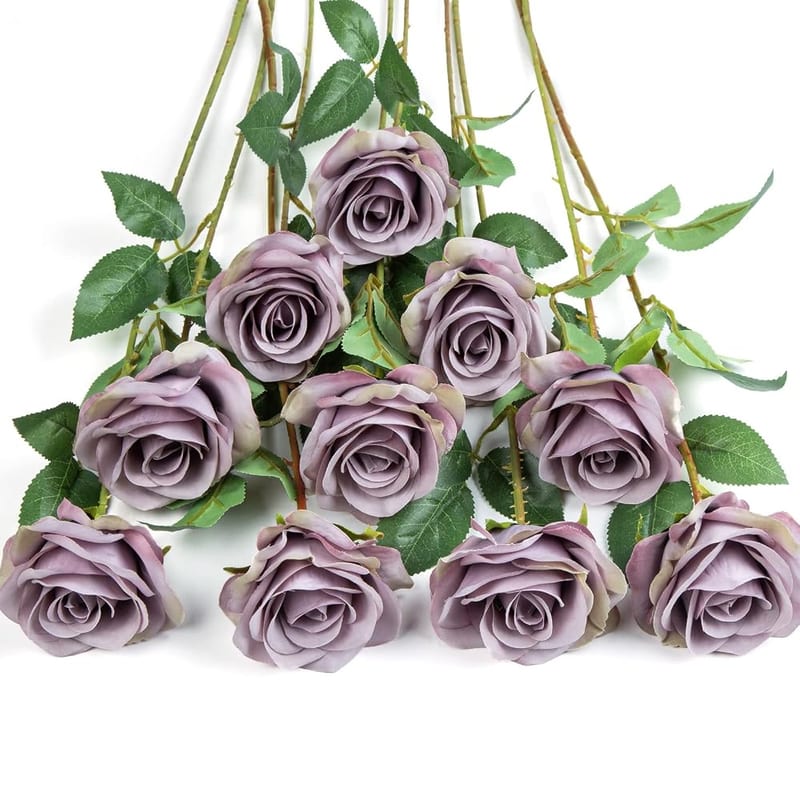 DuHouse 10Pcs Artificial Roses, Fake Silk Flowers with Long Stems for Wedding, Table Centrepieces and Home Decoration, Fall Purple