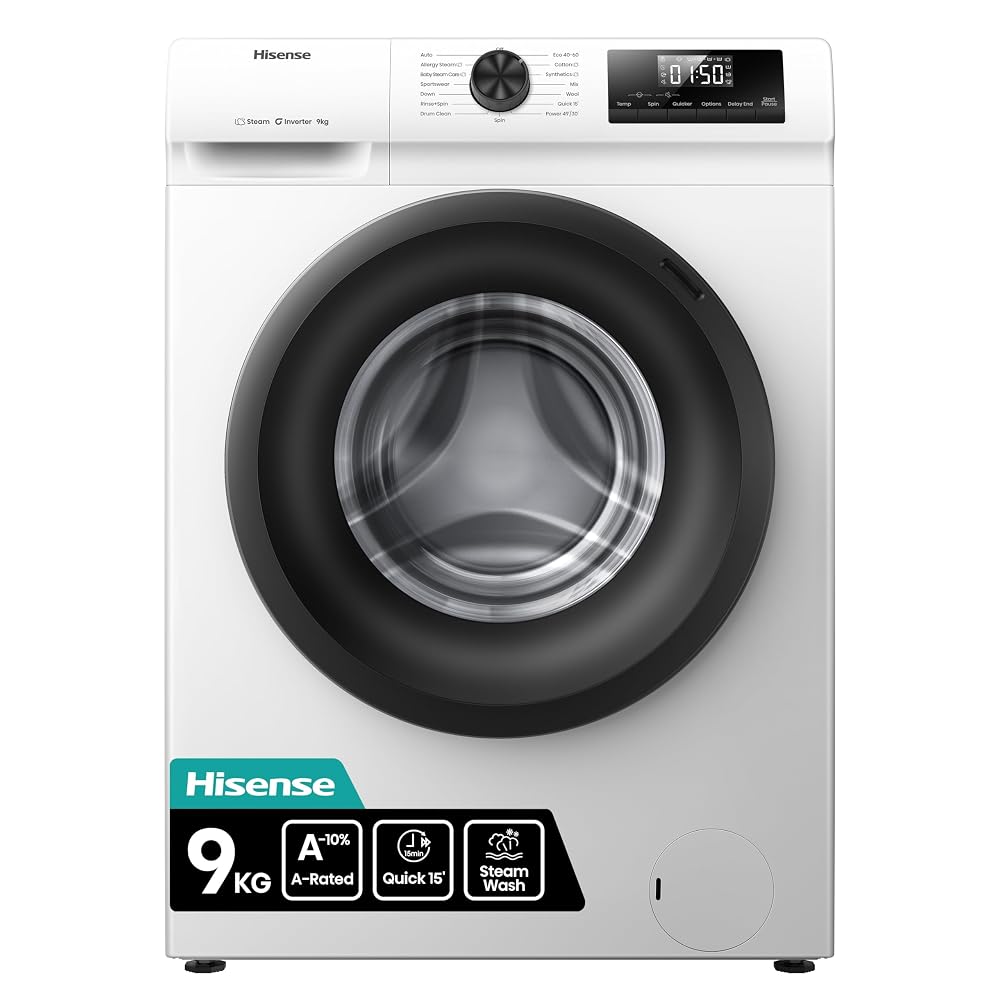 Hisense 1Q Series WF1Q9041BW Freestanding 9kg Washing Machine, Steam Wash, 1400rpm - White
