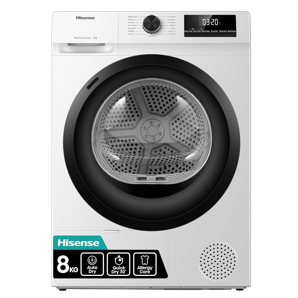 Hisense DH1Q802BW2 60cm Freestanding 8kg Heat Pump Tumble Dryer, Steam Refresh - White