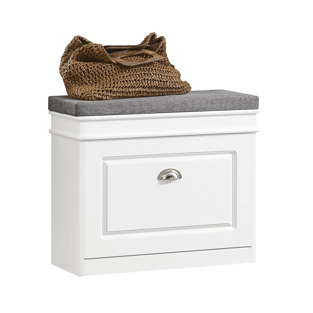 SoBuy Shoe Storage Bench with Seat Cushion, Narrow Shoe Cabinet with Flip Drawer, 2-Tier Rack, 150kg Load, White FSR82-K-W