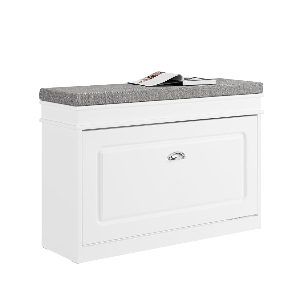 Shoe Storage Bench with Seat Cushion, Narrow Shoe Cabinet with Flip Drawer, 2-Tier Rack, 150kg Load, White