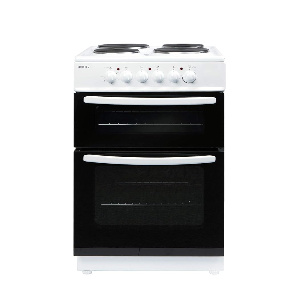 Haden HEST60W Electric Cooker 60cm Freestanding, 4 Solid Plate Rings, Top Grill - White