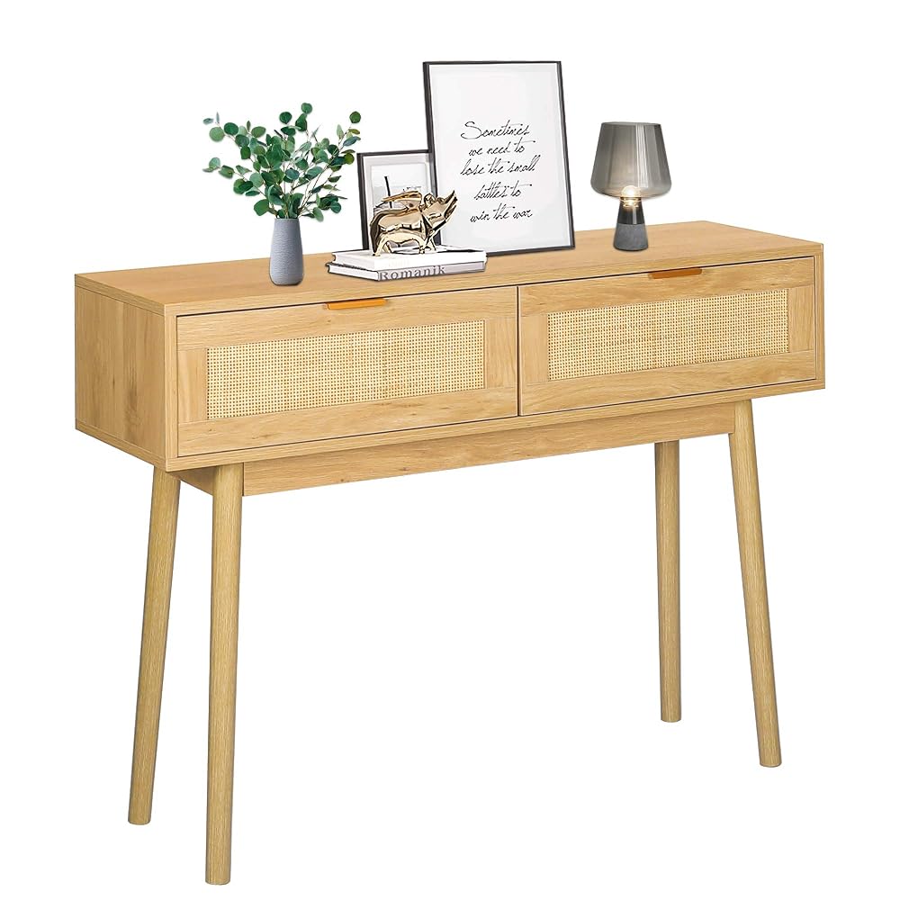 LAZZO 39" Console Table, Oak Grain Sofa Table with Bamboo Weaving Drawers