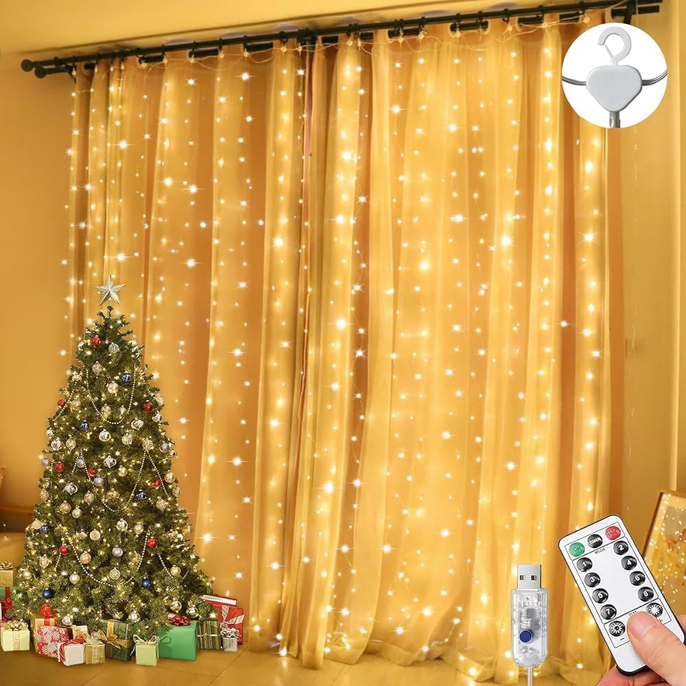 Lezonic Curtain Fairy Lights, 3m x 3m 300 LED Warm White, Remote Control, Timer, Adjustable Brightness