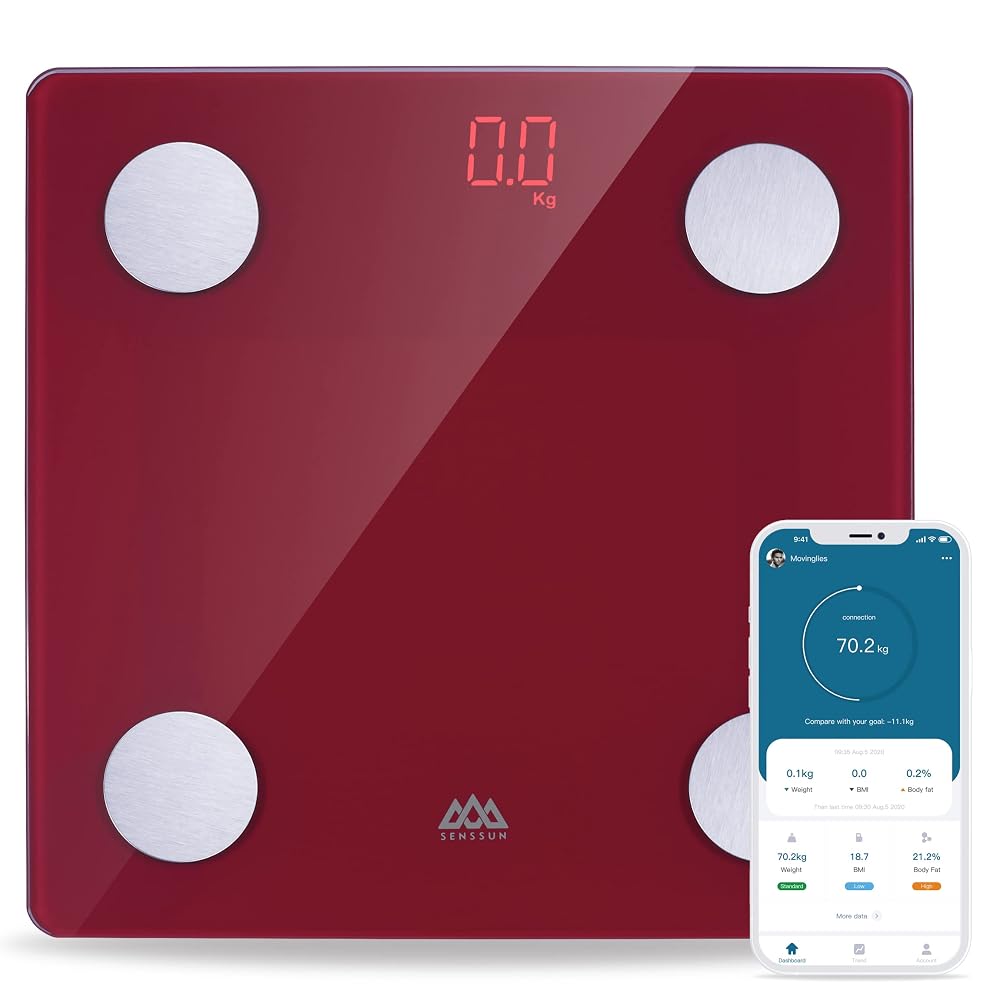 SENSSUN Digital Bath Scale, Body Fat Scale, Smart Bluetooth Body Composition Monitor, Dark Red