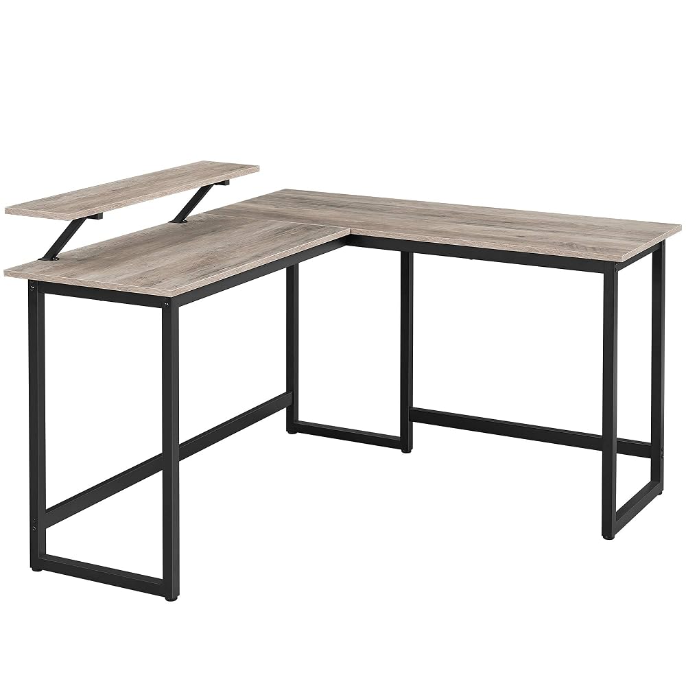 VASAGLE Computer Desk, L-Shaped Writing Workstation, Industrial Corner Desk with Monitor Stand, for Home Office Study Writing and Gaming, Space Saving, Easy Assembly, Greige and Black LWD056B02